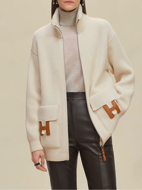 Hermes Sweaters - NWT Hermes Cream Ribbed Zip Cardigan with Tan H-Leather Tabs
